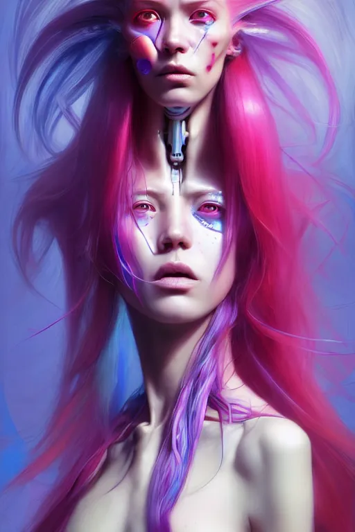 Image similar to a portrait of a beautiful young 28th century super cool post-human female wiht long colorful hair, barely human and largely biomechanical machine, hyper-realistic cyberpunk style, designs by Peter Mohrbacher Takayuki Takeya moody, face by Yanjun Cheng, Irakli Nadar, models by 500px, dramatic cinematic lighting rendered by octane, 8k, detailed, intricate, clean and textures, trending on artstation, deviantart google images, pinterest