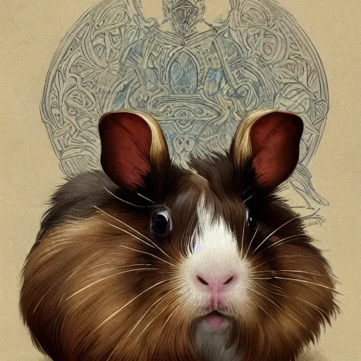 Image similar to A heraldic Prince Guinea Pig with big cute eyes, D&D, fantasy, intricate, cinematic lighting, highly detailed, digital painting, artstation, concept art, smooth, sharp focus, illustration, art by Akihiko Yoshida, Greg Rutkowski and Alphonse Mucha