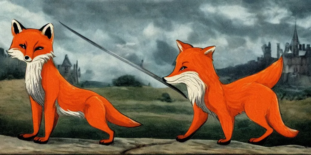 Image similar to anthropomorphic fox who is a medieval knight holding a sword towards a stormy thundercloud 1 9 3 0 s film still, castle in the background