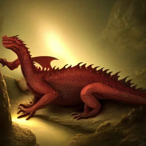 Image similar to red scaly dragon sleeping on a pile of bones in a dark dusty cave with a ray of light shining on it\'s face. Very detailed 8k. Photorealistic fantasy