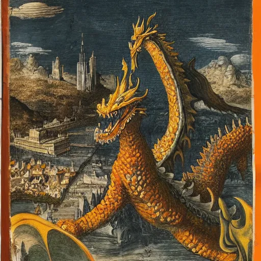 Prompt: a disembodied head of an orange dragon monster stands at the pinnacle of a city, painting, 1561