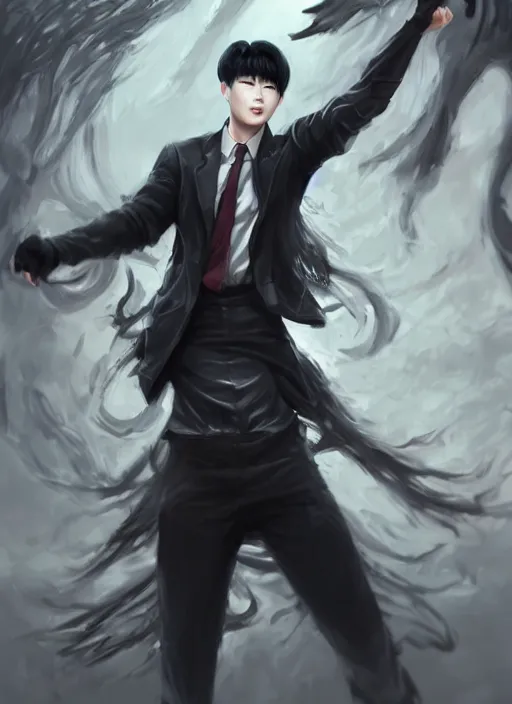 Image similar to a highly detailed illustration of attractive korean man with bowl cut black hair wearing shirt and tie with foggy giant black mist claws, wielding giant black mist claws pose, tired expression, black mist surrounding background, intricate, elegant, highly detailed, centered, digital painting, artstation, concept art, smooth, sharp focus, league of legends concept art, wlop.
