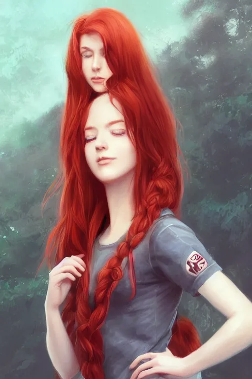 Prompt: beautiful cute red haired joyful and playful nineteen year old maiden standing up in casual green clothing, long hair, modern city, rpg character, sci - fi, fantasy, intricate, elegant, digital painting, artstation, concept art, smooth, 8 k frostbite 3 engine, ultra detailed, art by artgerm and greg rutkowski and magali villeneuve