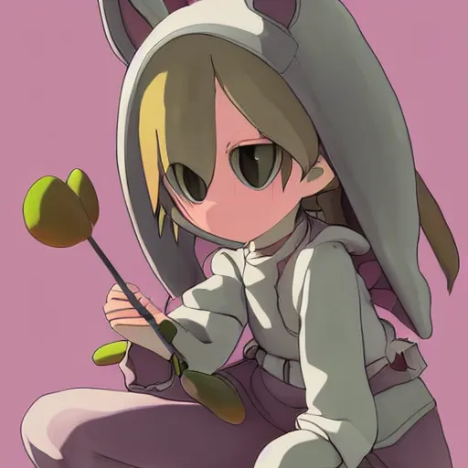 Prompt: little girl, bunny suit, artwork in made in abyss art style, inspired in balthus, clean details, baby color palette, candy, anatomically proportional, hd