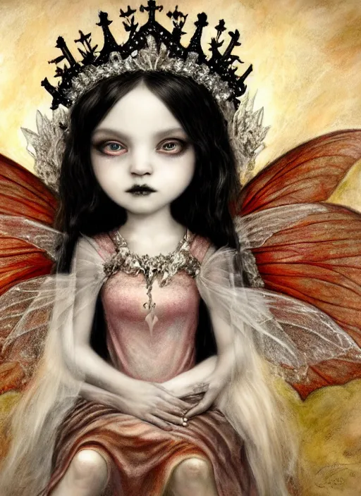 Image similar to highly detailed closeup portrait of a goth fairy princess wearing a crown and sitting on a throne, nicoletta ceccoli, mark ryden, lostfish, earl nore, global illumination, god rays, detailed and intricate environment