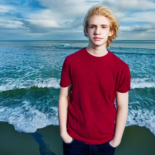Image similar to portrait of a beautiful teenage boy around 2 0 yo. natural blonde hair, pale skin. slight overweight. beach background. detailed face.