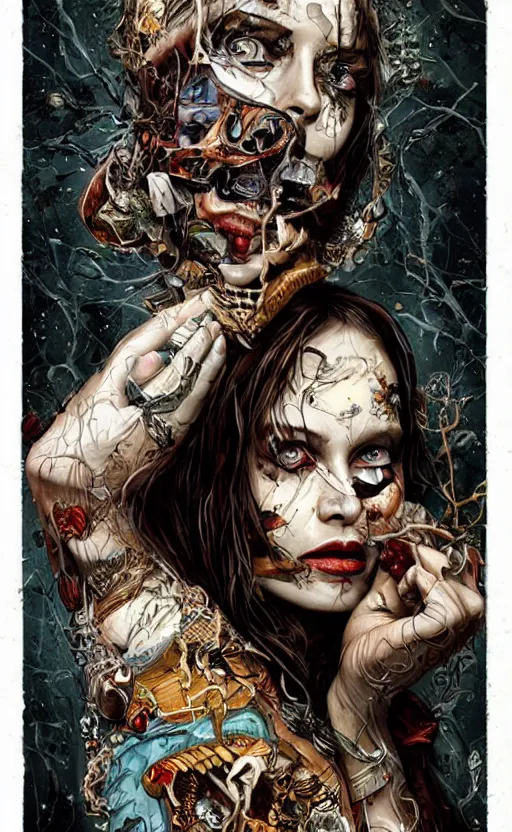 Image similar to a horror tarot card design with intricate details :: Sandra Chevrier and bastien lecouffe deharme