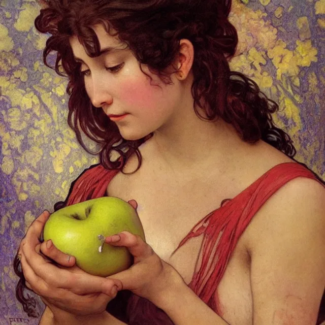 Prompt: an aesthetic! detailed close - up portrait of an aesthetic woman crying mournfully while holding an apple, by frank frazetta and alphonse mucha, oil on canvas, bright colors, art nouveau, epic composition, dungeons and dragons fantasy art, hd, god - rays, ray - tracing, crisp contour - lines, huhd - 8 k