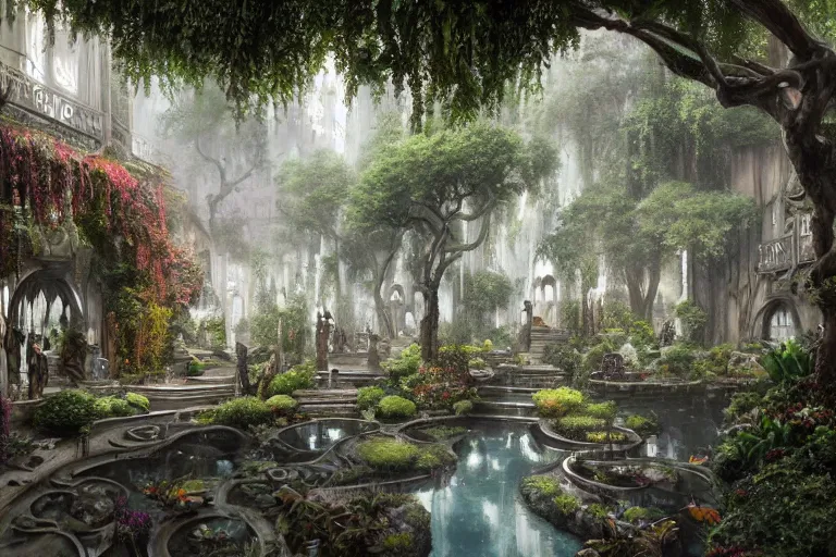 Image similar to extreme low angle shot of an open courtyard in a beautiful elven city made of ivory and silver, intricate, vivid colors, lush trees, flowers, ponds, fountain, subsurface scattering, volumetric lighting, concept art, fantasy digital painting by James Gurney, by Greg Rutkowski, trending on Artstation, highly detailed, 8k