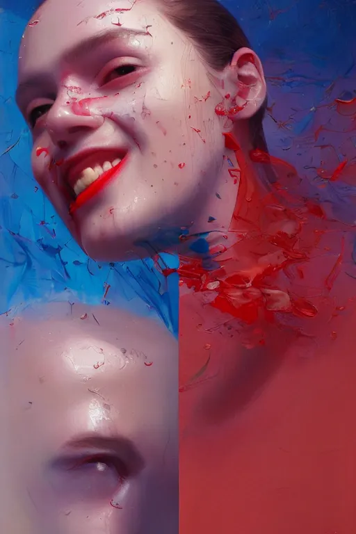 Image similar to 3 d, sci - fi, morning, stanley kubrick smiling fashion model face, sun, cinematic, lightning clouds, vogue cover style, water, light red and deep blue mood, realistic painting, intricate oil painting, high detail, figurative art, multiple exposure, poster art, 3 d, by tooth wu and wlop and beeple and greg rutkowski