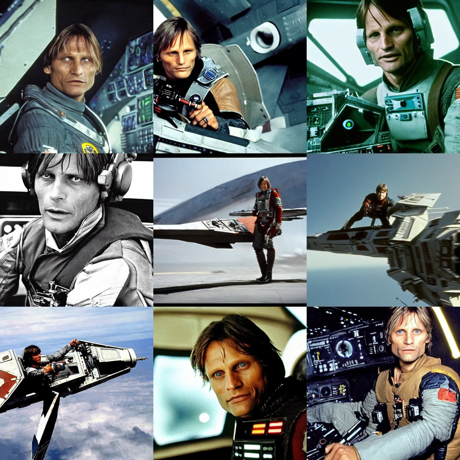 Prompt: Viggo Mortensen in an X-wing starfighter on the set of Star Wars