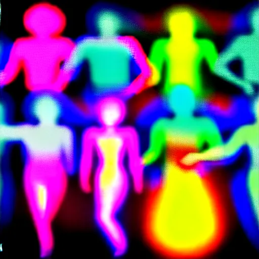 Image similar to diverse groups of humans with glowing electronic body implants projecting amazing images collectively, from behind, rebirth, beauty, wide angle, elaborate, wet, highly detailed, colors, beautiful lighting