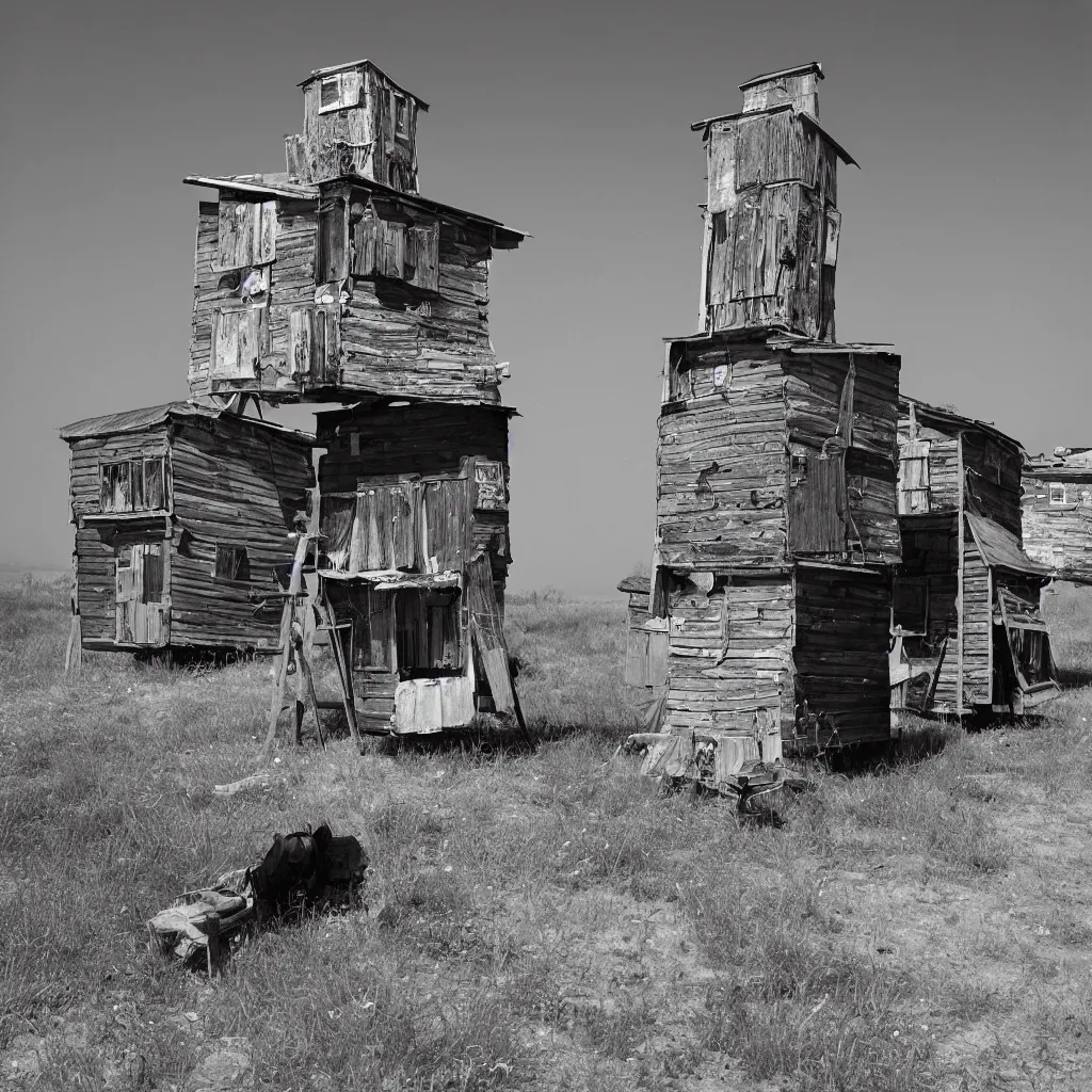 Image similar to two large towers, made up of makeshift squatter shacks, misty, mamiya rb 6 7, very detailed, photographed by ansel adams