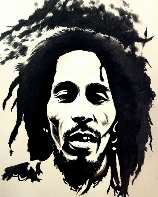 Prompt: / dream portrait of bob marley, concept art, sumi - e style, intricate linework, artstation, trending, highly detailed, smooth, focus, art by yoji shinkawa,