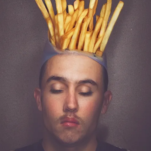 Image similar to a man with french fries as hair, 8 k, 4 k, professional photography, award winning photo