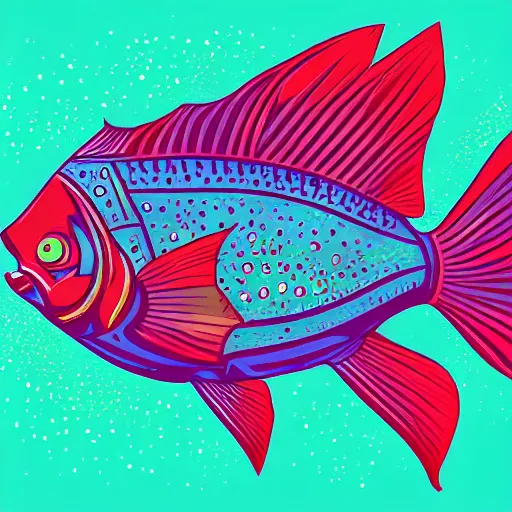 Prompt: one stylized fish with saturated colors viewed in profile in the dark ocean filled with complex sparkles and patterns, artstation, intricate, realistic, highly detailed, digital painting, concept art, sharp focus, cut out, illustration by tom whalen and charles williams and kilian eng and james jean