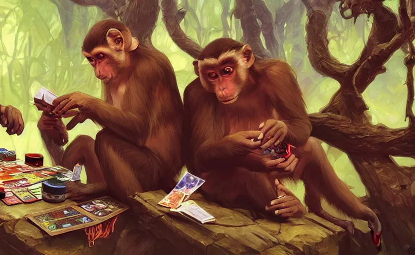 Prompt: highly detailed painting of two monkeys playing Magic the Gathering together, 4k highly detailed, digital painting, artstation, concept art, matte, sharp focus, illustration, art by Artgerm and Greg Rutkowski and Alphonse Mucha, masterpiece, vivid vibrant deep colors