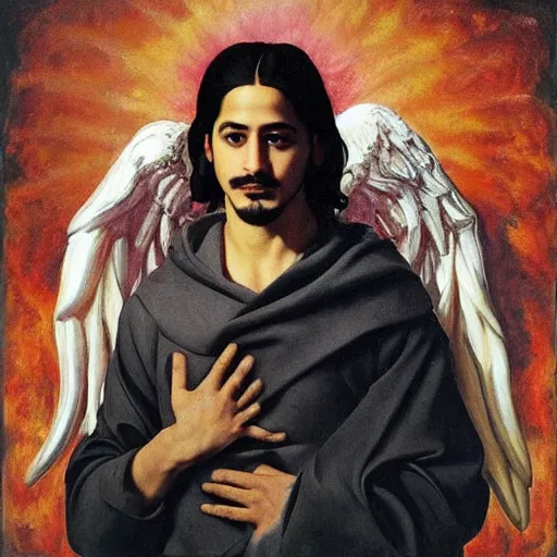 Prompt: Oil painting of the handsome Avan Jogia with angel wings, naturalism, dramatic lighting, high-detailed oil painting by Ilya Repin, Michelangelo da Caravaggio, William Blake, Alex Grey and Beksinski, trending on Artsatio, masterpiece, 4k, 8k,