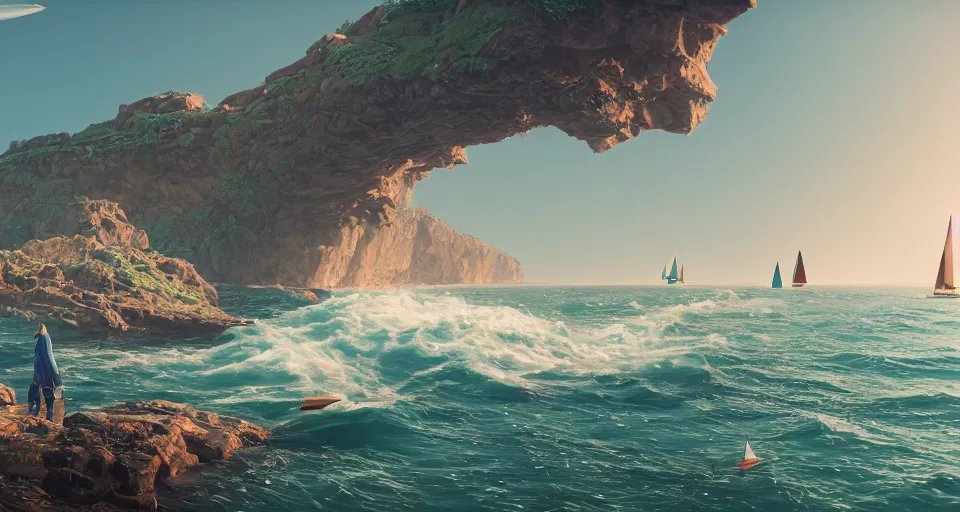 Image similar to A serene coastline with LOTS OF SAILBOATS bright sunny waves splashing on the beach, rendered by simon stålenhag, rendered by Beeple, Makoto Shinkai, syd meade, environment concept, digital art, starwars, unreal engine, 3 point perspective, WLOP, trending on artstation, low level, 4K UHD image, octane render,