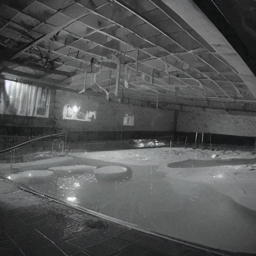 Image similar to an eerie photo of an abandoned indoor water park from the 1 9 9 0 s at night, disposable film