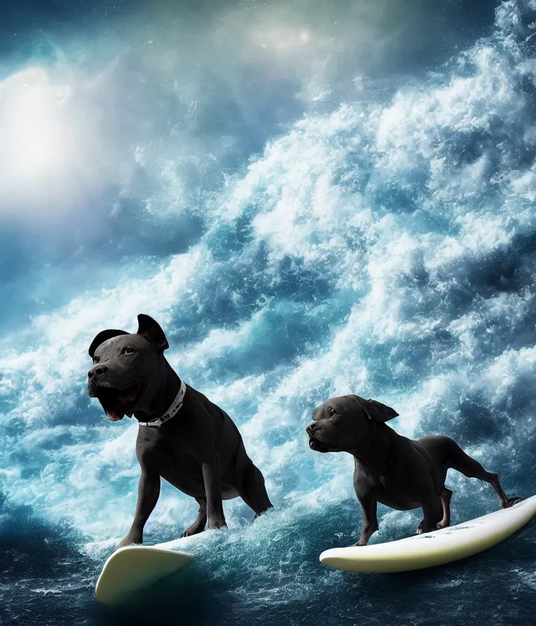 Image similar to photo of a dark gray coat pit bull with a white paws!, surfing on a surfboard in a crashing wave of alien ocean in space, background is an alien galaxy, aliens in the background, alien colors, octane render, unreal engine, wide view, 8 k, highly detailed