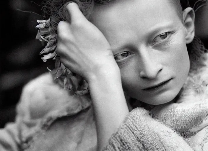 Image similar to professional fine detailed photo portrait of young tilda swinton from makhachkala, dagestan. kid tilda swinton in the postsoviet suburbia, iphone photo, instagram, black and white - - cfg _ scale 7