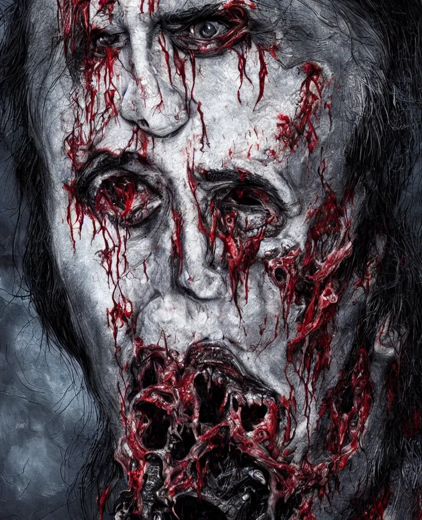 Prompt: moon made from thousands of rotten demonic bloody corpses of Nicolas Cage, body horror, flesh, blood, grotesque hell, highly detailed, vivid colors, dark shadows, contrast, concept art, sharp focus, digital art, Hyper-realistic, 4K, Unreal Engine, Highly Detailed, Dramatic Lighting, Beautiful, by Brom, bastien lecouffe-deharme