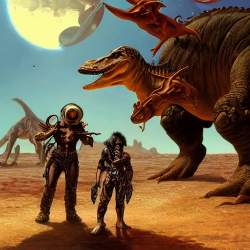 Prompt: hard metal rockers riding dinosaurs in the space desert, boris vallejo style, steampunk, hyper detailed, digital art, cinematic lighting, concept art by artgerm and greg rutkowski and caravaggio and moebius and jakub rebelka, 8 k