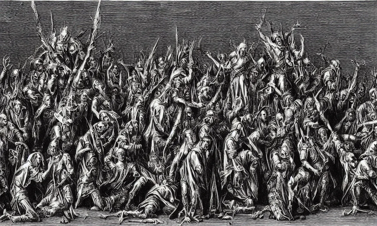 Prompt: judas priest, saints in hell, by gustav dore,