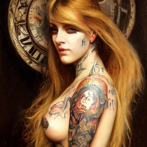 Prompt: photorealistic painting of a female nurse with a tattooed face, realistic eyes, symmetric face, beautiful bone structure, dark blonde long hair, painting by gaston bussiere