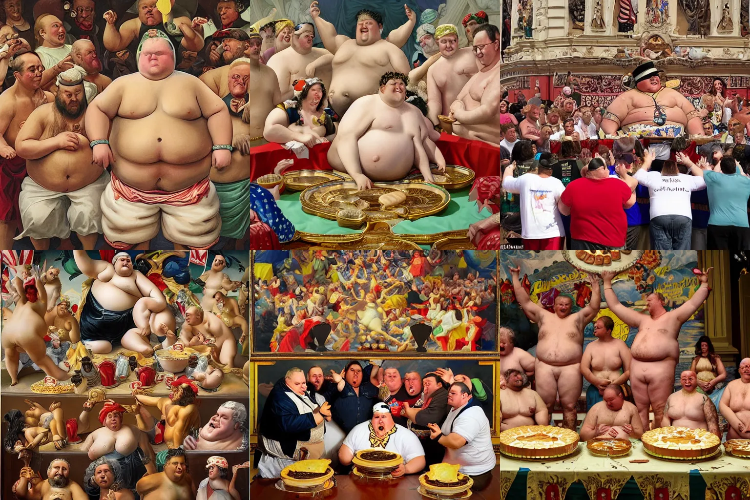 Prompt: the fattest man in the universe obliterates the international pie eating contest with baroque art deco hyperdetailed magnificence