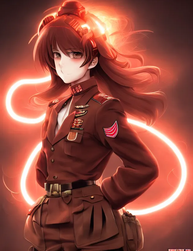 Image similar to a detailed manga portrait of a beautiful brown haired woman in a military uniform glowing with swirling red energy, trending on artstation, digital art, 4 k resolution, detailed, high quality, sharp focus, hq artwork, coherent, insane detail, character portrait