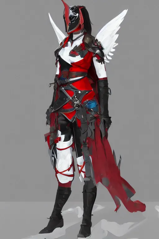 Prompt: female adventurer in tight full - body teal leather armor of japanese design with red accents and a white porcelain crow mask, trending in artstation, establishing shot