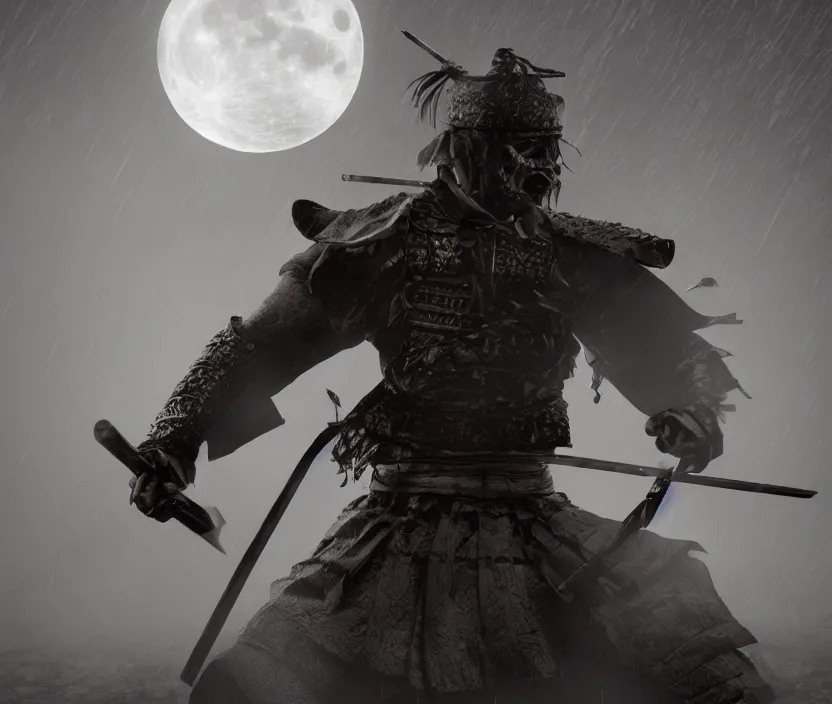 Image similar to 'a samurai! haunted by souls with a big full moon on background , gloomy and foggy atmosphere, octane render, artstation , horror scene, highly detailded'