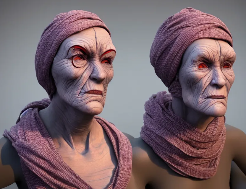 Image similar to cinematic bust portrait of robo face, cyborg body granny!, a scarf tied on the head, by jean giraud, trending artstaition, 3 d, unreal engine