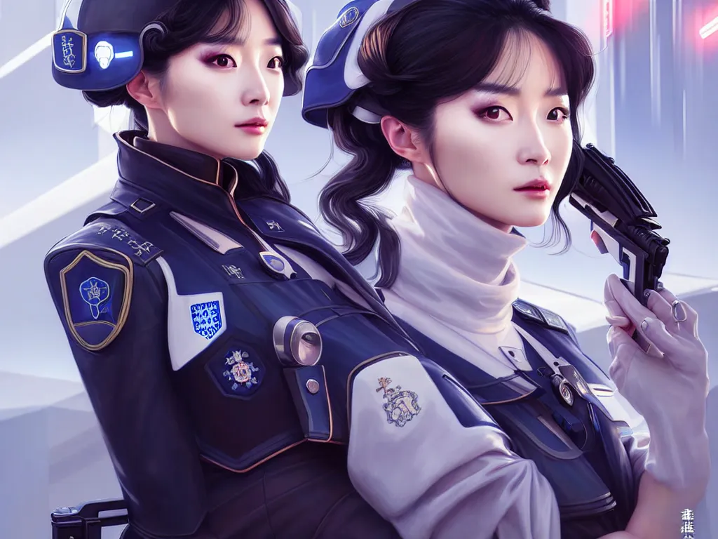 Prompt: portrait futuristic swiss police uniform female yang mi, at future neon light rooftop, ssci - fi and fantasy, intricate and very very beautiful and elegant, highly detailed, digital painting, artstation, concept art, smooth and sharp focus, illustration, art by tan zi and ayanamikodon and alphonse mucha and wlop
