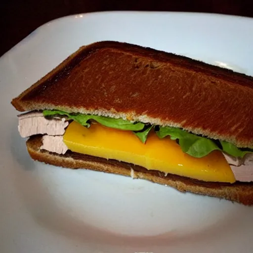 Prompt: sandwich with foie gras and honey and mango, bad, grainy and blurry amateur photo