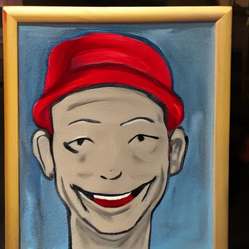 Prompt: a matt painting of a smiling android wearing a red hat