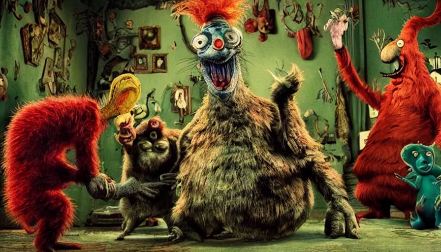 Image similar to full - color cinematic movie still from a live - action “ dr. seuss ” horror film directed by “ guillermo del toro ”. the scene features bizarre whimsical imaginary animals from the story “ if i ran the zoo ”. highly - detailed ; photorealistic ; frightening.