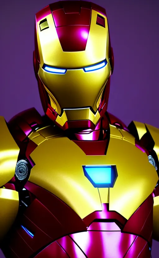 Image similar to iron man's suit but the colour scheme is purple and gold, octane render, photorealistic, realistic shading, cinematic, detailed textures