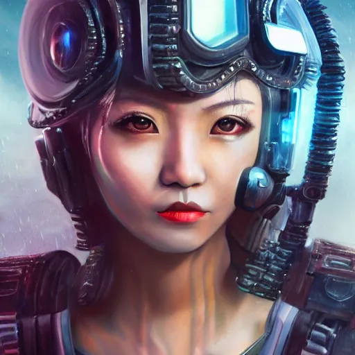 Image similar to An epic fantastic realism comic book style portrait painting of a female cyber warrior, tzuyu from twice, dieselpunk armor, long fluffy hair, porcelain pale skin, cyberpunk color raining tokyo everywhere, Concept world Art, unreal 5, DAZ, hyperrealistic, octane render, cosplay, RPG portrait, dynamic lighting