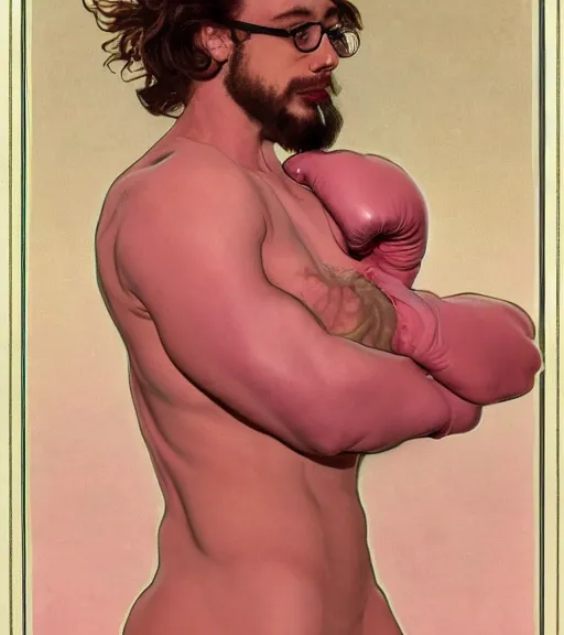 Prompt: Gigachad Sam Hyde in a pink luxurious suit, ready for battle, boxing stance, wearing candy cane boxing gloves, sigma male, buff, accurately portrayed, portrait art by alphonse mucha and greg rutkowski, highly detailed, digital painting, concept art, illustration, dim lighting with twilight rays of sunlight, trending on artstation, very detailed, smooth, sharp focus, octane render, close up