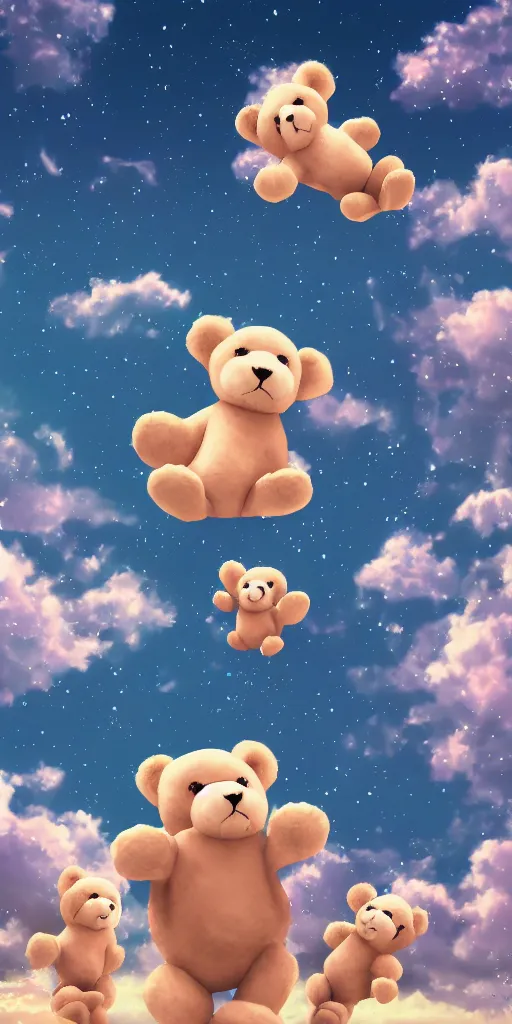 Image similar to teddy bears falling from the sky, anime scenery, digital art, 4k ultra