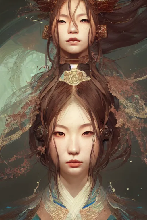 Prompt: portrait ayaka from genshin, in ruined Atlantis Sunrise, ssci-fi and fantasy, intricate and very beautiful and elegant, highly detailed, digital painting, artstation, concept art, smooth and sharp focus, illustration, art by tian zi and WLOP and alphonse mucha