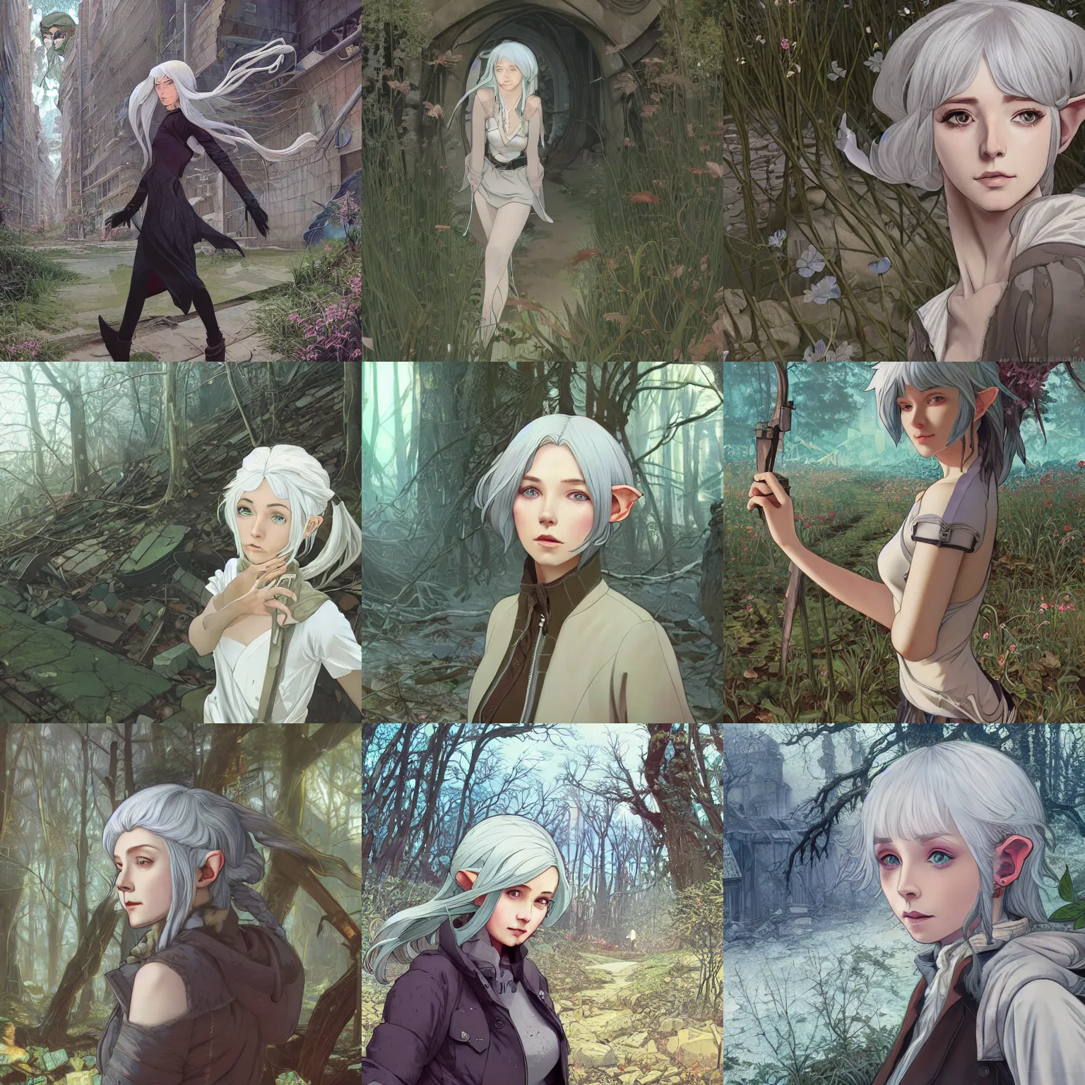 Prompt: Portrait of a silver-haired elf woman strolling through the remains of a city reclaimed by nature, face by Ilya Kuvshinov, highly detailed, cel shading, digital painting, anime key visual, Hayao Miyazaki, Alphonse Mucha