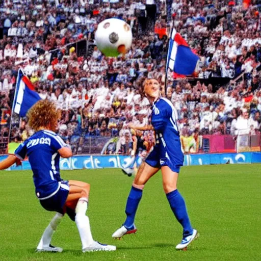 Prompt: marine lepen volley kicked the soccer ball in wordcup final, epic shot, natural light