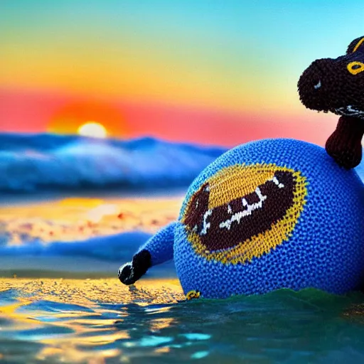 Image similar to a closeup photorealistic photograph of a cute smiling knitted tiger hippopotamus catching a beachball at sunset. surf in the background. professional capture. this 4 k hd image is trending on artstation, featured on behance, well - rendered, extra crisp, features intricate detail, epic composition and the style of unreal engine.