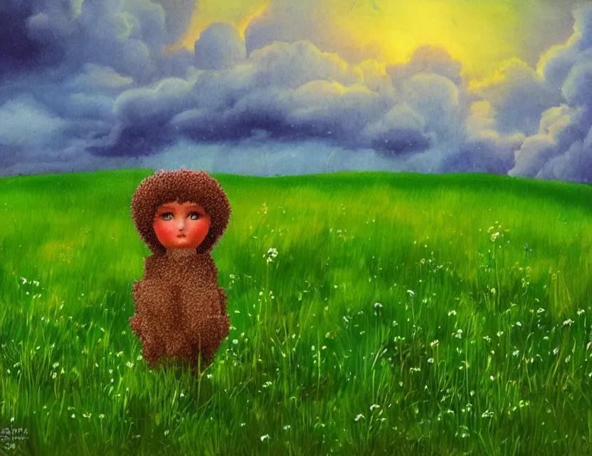 Image similar to wild, lush chia pet hopping in the meadow, stormy skies. russian fairytale art, gouache, dynamic composition, backlighting