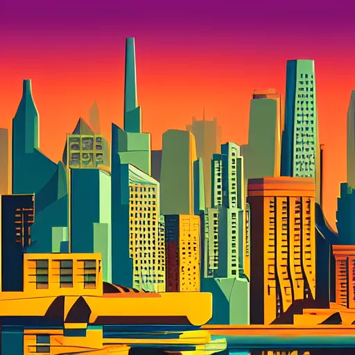 Image similar to futuristic art deco city, realistic style, bold colors, at golden hour