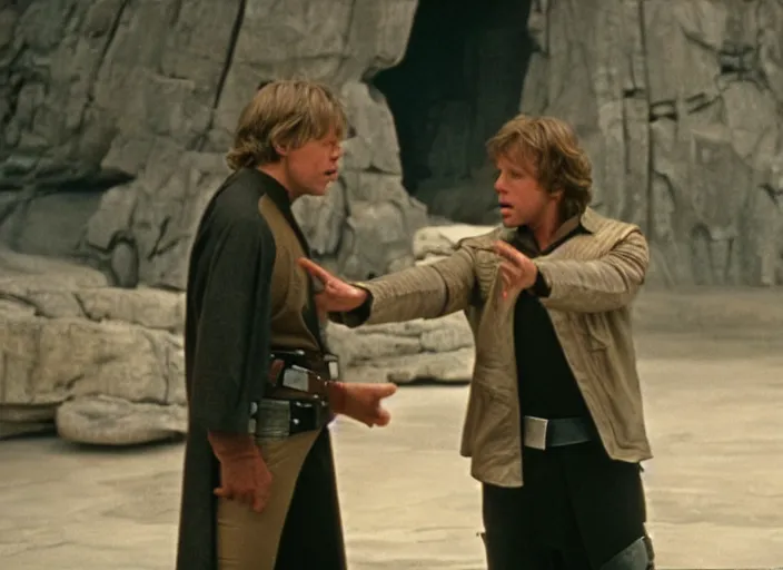 Image similar to epic screenshot portrait of Luke Skywalker arguing with Han Solo, marble temple, iconic scene from the force awakens, 1980s film directed by Stanley Kubrick, cinematic lighting, kodak, strange, hyper real, stunning moody cinematography, with anamorphic lenses, crisp, detailed portrait, 4k image